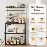 Txecpro kitchen Bakers Rack with Power Outlet, Coffee Bar Table 4 Tiers, Microwave Stand with 6 S-shaped Hooks, Kitchen Storage Shelf Rack for Spices, Pots and Pans，25.6" L x 12" W x 53.5" H Txecpro