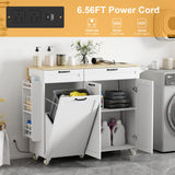 Rolling Kitchen Island with Power Outlet & Drop Leaf, Kitchen Island Cart with Trash Storage Cabinet,Kitchen Rolling Island with Spice Rack & Towel Rack, Knife Holder, Mobile Island Table for Kitchen GarveeHome