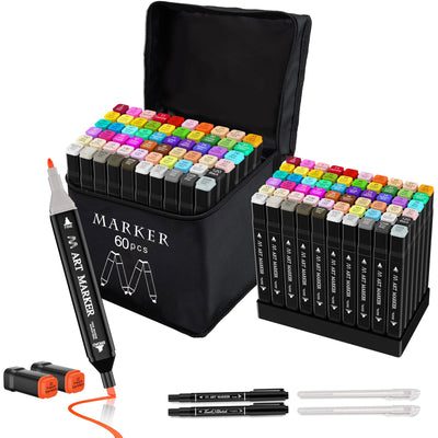 Banral 60 Colors Alcohol Markers Set, Dual Tip Alcohol Based Art Marker for Artists Kids Adult Coloring, Permanent Illustration Sketch Pens for Drawing with Case and Holders