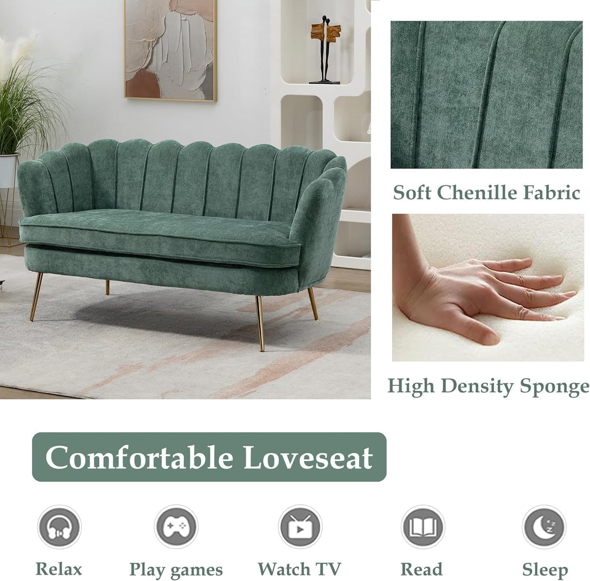 Anwick 59" Small Modern Chenille Loveseat Sofa, 2-Seater Sofa with Gold Metal Legs, Small Couch with Flower Shaped Back for Living Room Bedroom Office(Green) Anwick