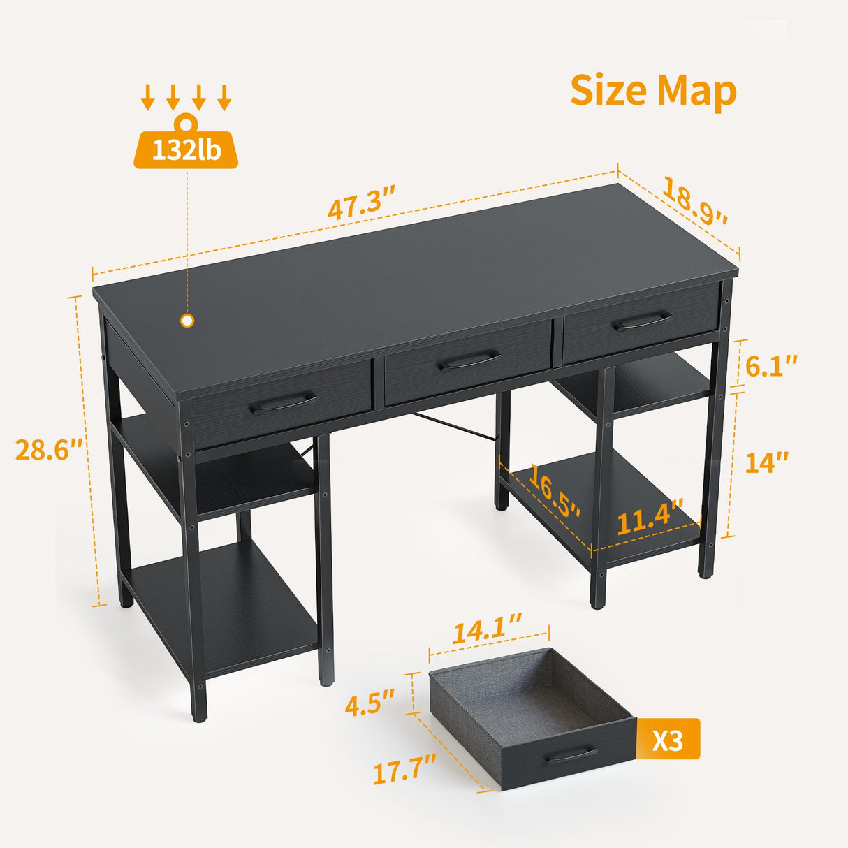 CubiCubi 47 Inch Computer Desk with 3 Drawers and Storage Shelves, Small Home Office Desk, Study Writing Table, Simple Desk for Bedroom, Black CubiCubi