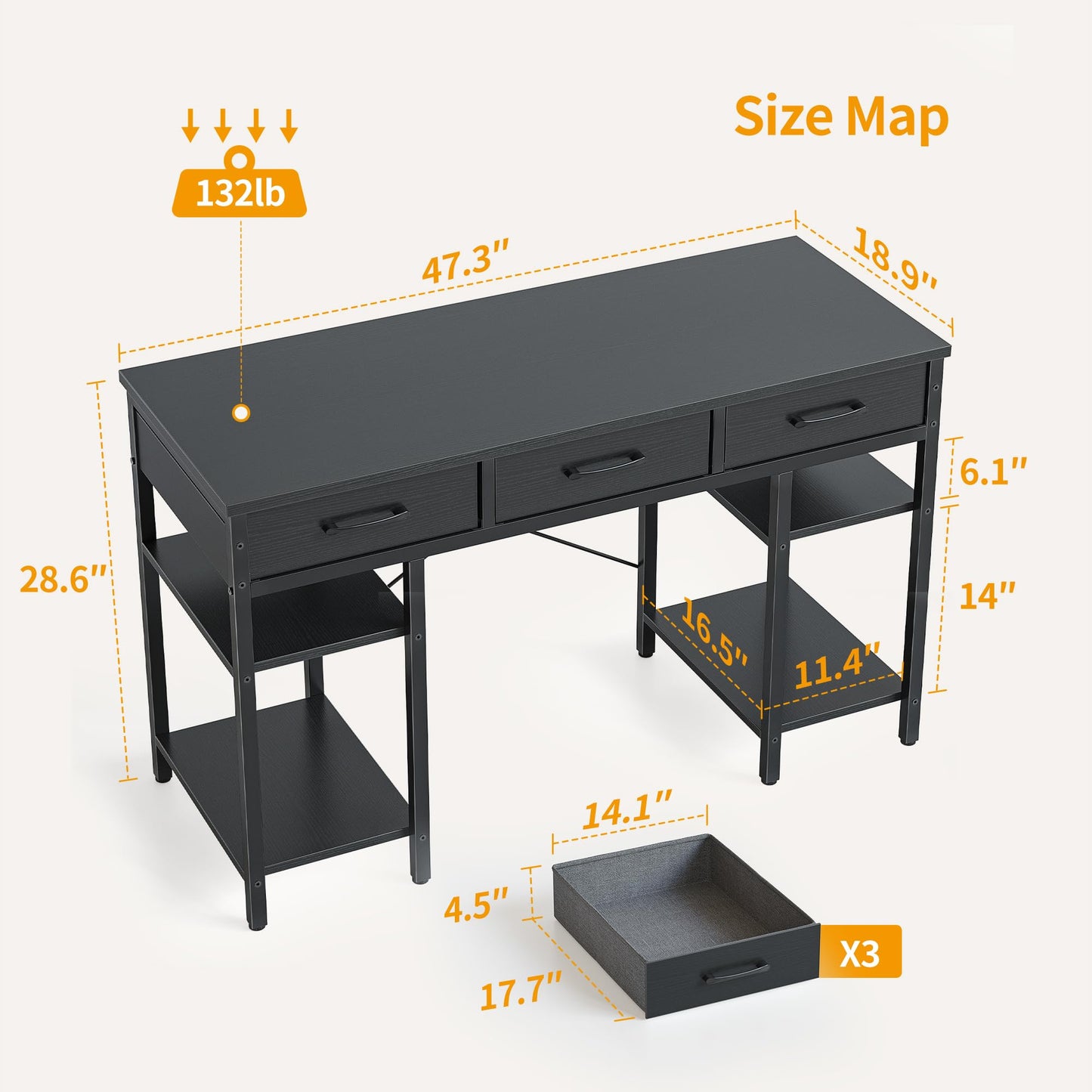 CubiCubi 47 Inch Computer Desk with 3 Drawers and Storage Shelves, Small Home Office Desk, Study Writing Table, Simple Desk for Bedroom, Black - WoodArtSupply