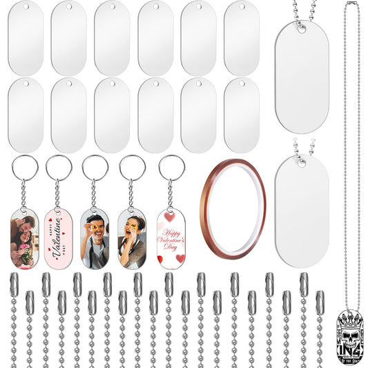 Sublimation Dog Tags Blanks Aluminum, 51 PCS Sublimation Stamping Tag Necklace Set with White Pendants Double Sided Metal Blank Pets Chains Keyrings Heat Pressed Tape for Personalized Tag