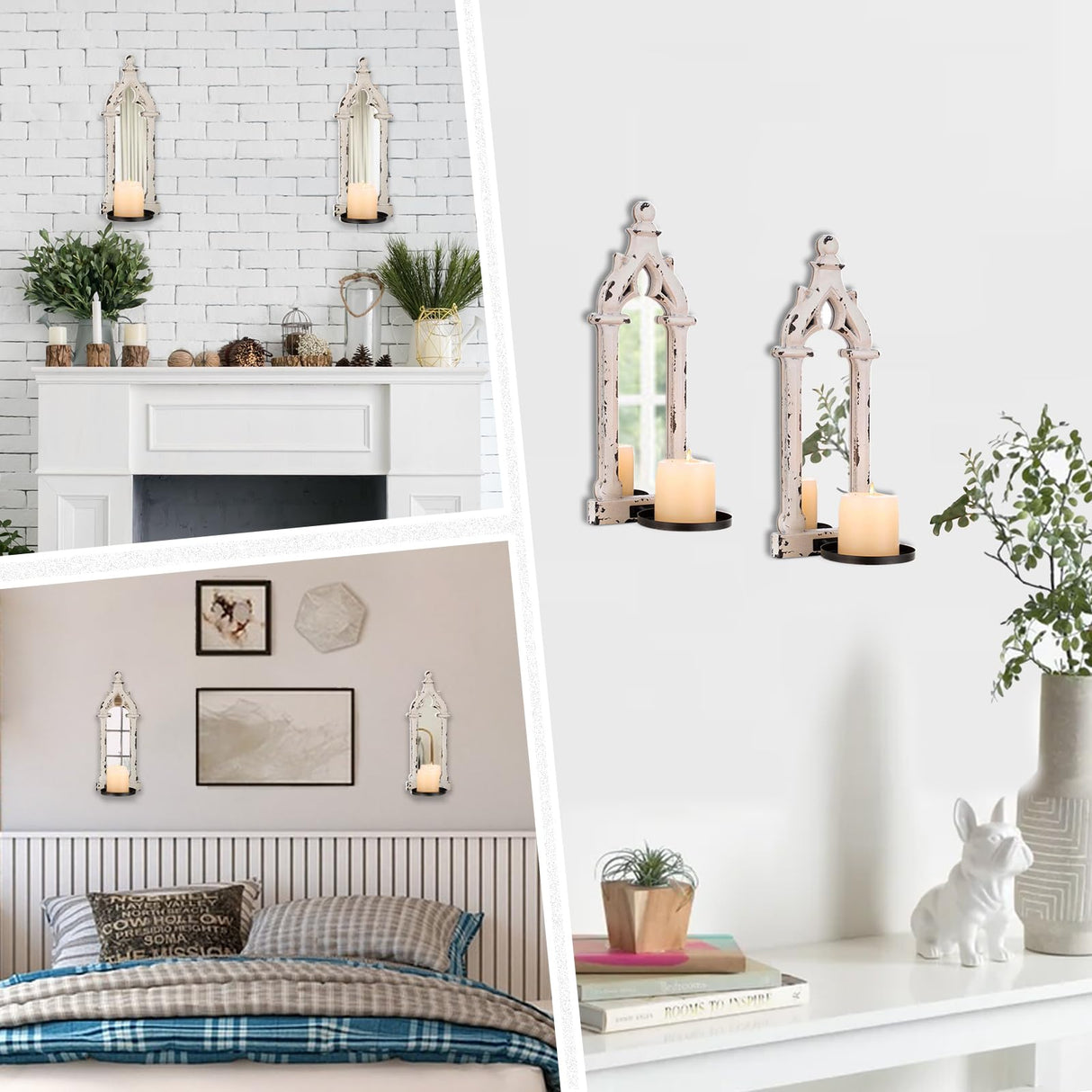 Walasis Rustic Mirror Wall Candle Sconces Set of 2 - Distressed Candle Holder Wood Decor for Farmhouse Bathroom Living Room Mirrored Sconce Walasis