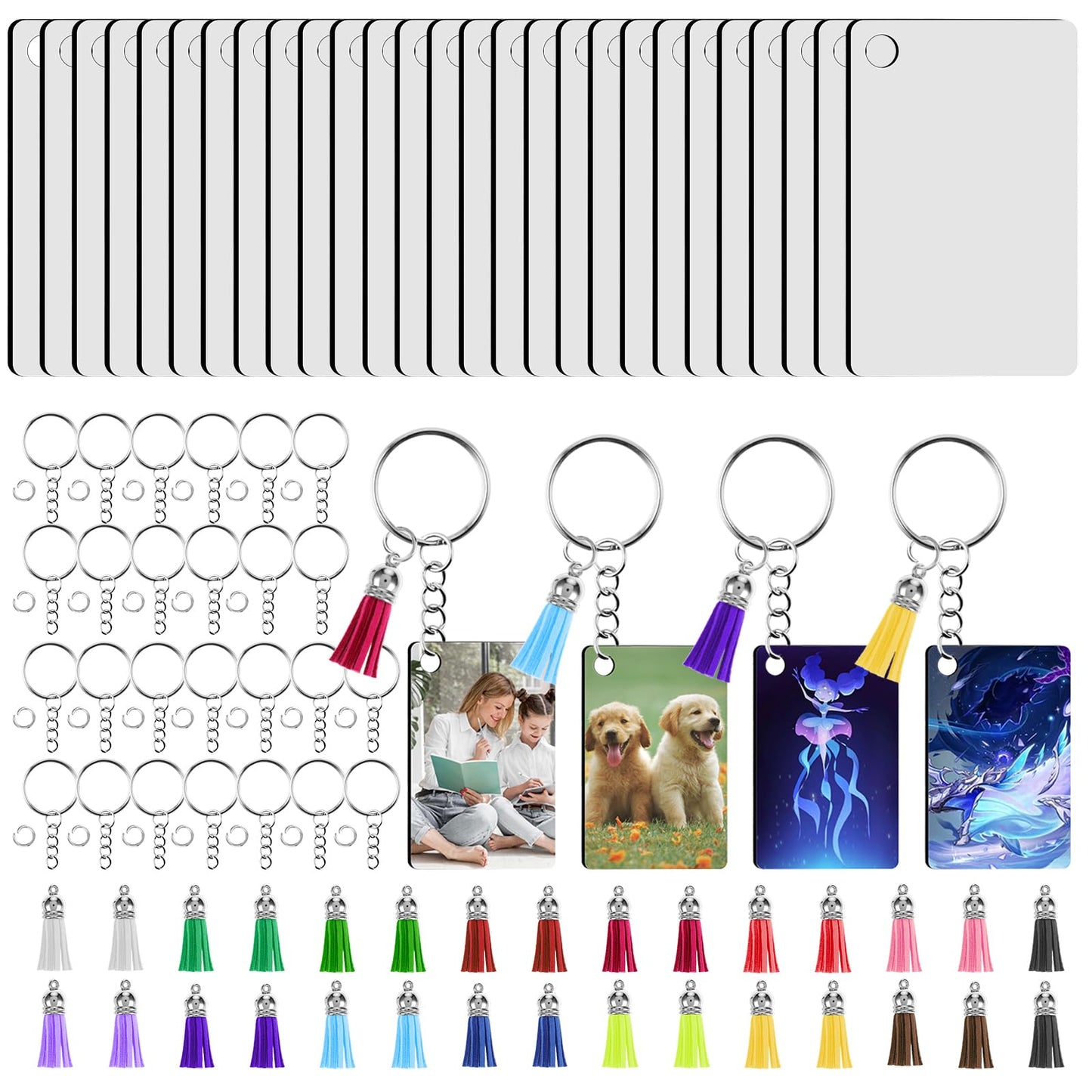 Sibba 120Pcs Sublimation Keychain Blanks Bulk, MDF Rectangle Sublimation Blanks with Tassels Keychain Rings & Jump Rings, Double Side Heat Transfer Blanks for DIY Keychain Crafting