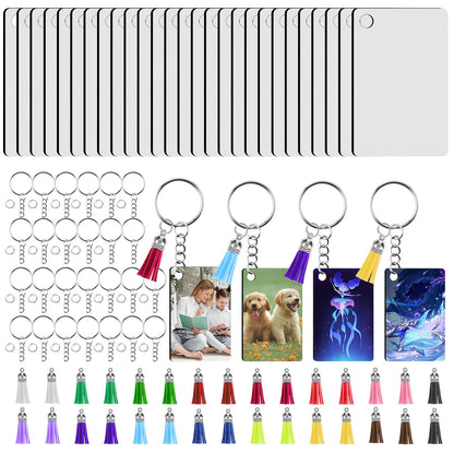 Sibba 120Pcs Sublimation Keychain Blanks Bulk, MDF Rectangle Sublimation Blanks with Tassels Keychain Rings & Jump Rings, Double Side Heat Transfer Blanks for DIY Keychain Crafting