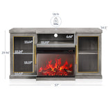 BELLEZE 57" TV Stand with 23" Electric Fireplace Heater with Sound, Entertainment Center for TVs Up to 65", Glass Door Storage Cabinet with 3-Side Glass Display Fireplace for Living Room, Bedroom-Grey BELLEZE