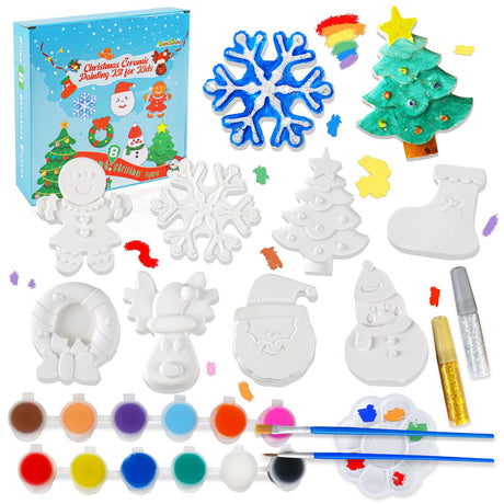 kockuu Christmas Ceramics to Paint for Kids Christmas Crafts Paint Your Own Ceramics Painting Kit, 8Pcs Ceramic Figures with Brushes for Toddlers Kids DIY Crafts Xmas Birthday Activity Gifts kockuu
