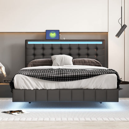 Jintop Modern Queen Size Floating Bed Frame with LED Lights & USB Charging Ports - WoodArtSupply