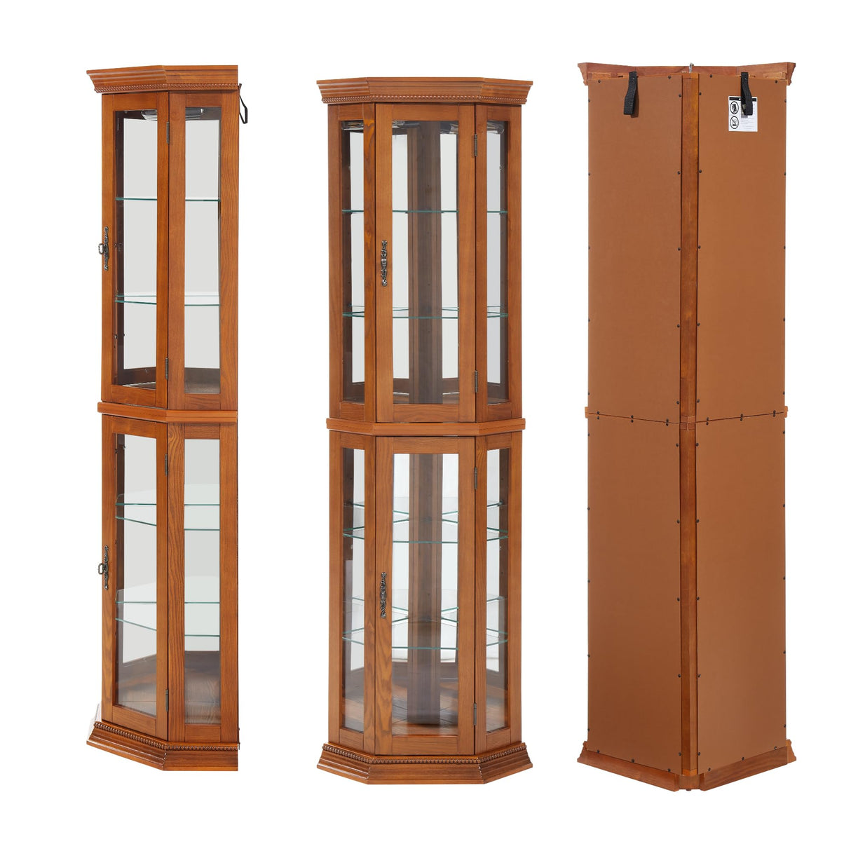 Trygoal 70" H Lighted Corner Display Cabinet, Wooden Storage Display Case with Tempered Glass Doors, Accent Cabinet with Adjustable Shelves for Living Room, Oak Trygoal