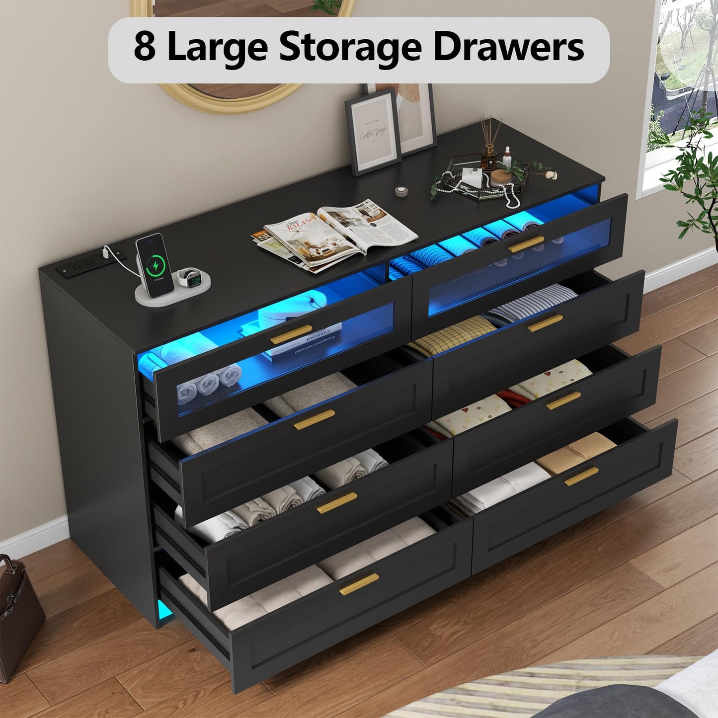 8 Drawers Dresser with Charging Station, White Dresser for Bedroom with LED Lights, Modern Chest of Drawers for Closet, Double Wide Dresser Organizer for Bedroom, Living Room, Entryway (Black)