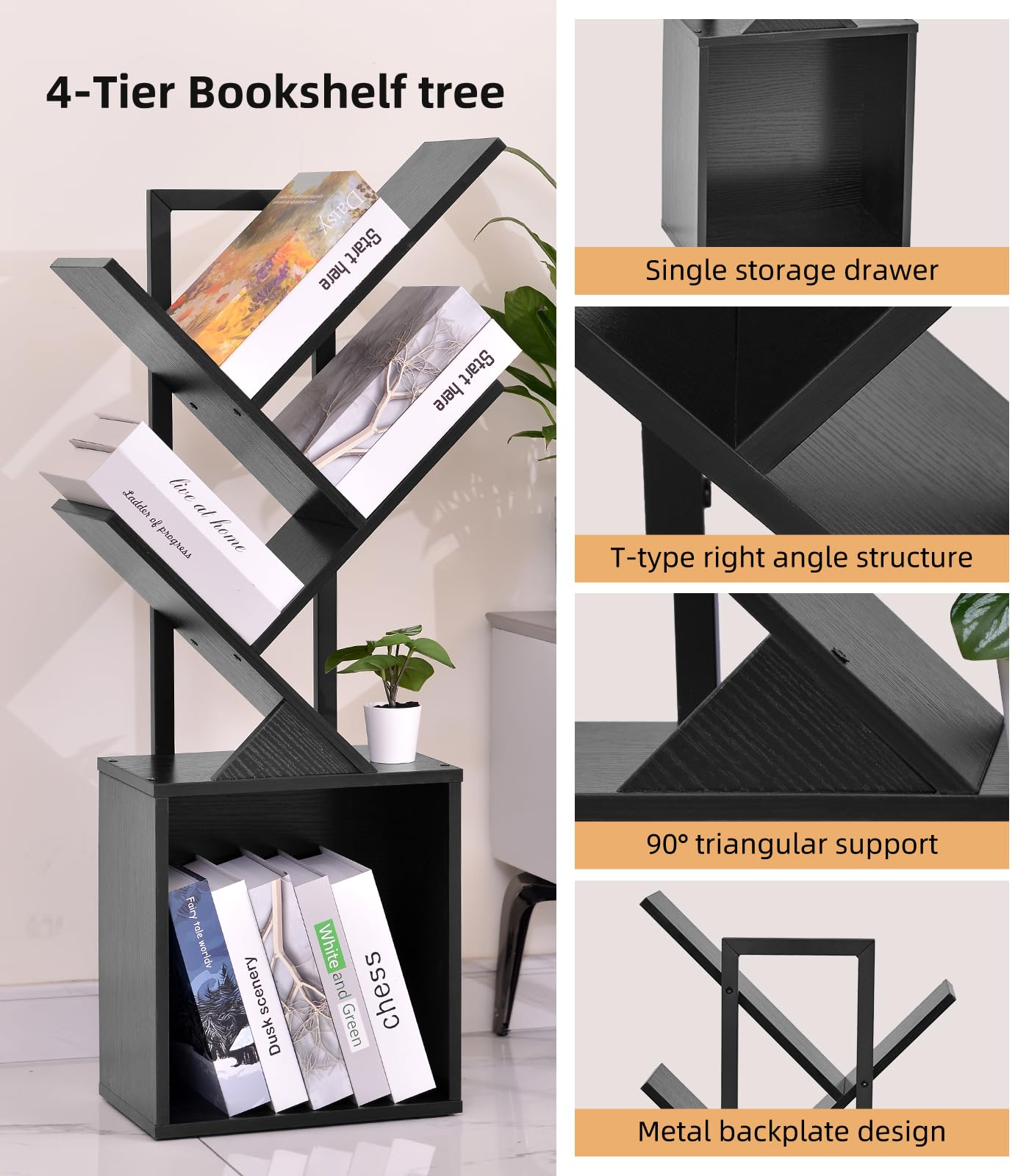 YSVCO 4 Tier Book Tree Bookshelf, Wooden Small Book Shelf with Storage Cabinet, Modern Freestanding Bookcase, Floor Standing Display Organizer for Small Spaces, Living Rooms, Home Offices,Black BS34BS