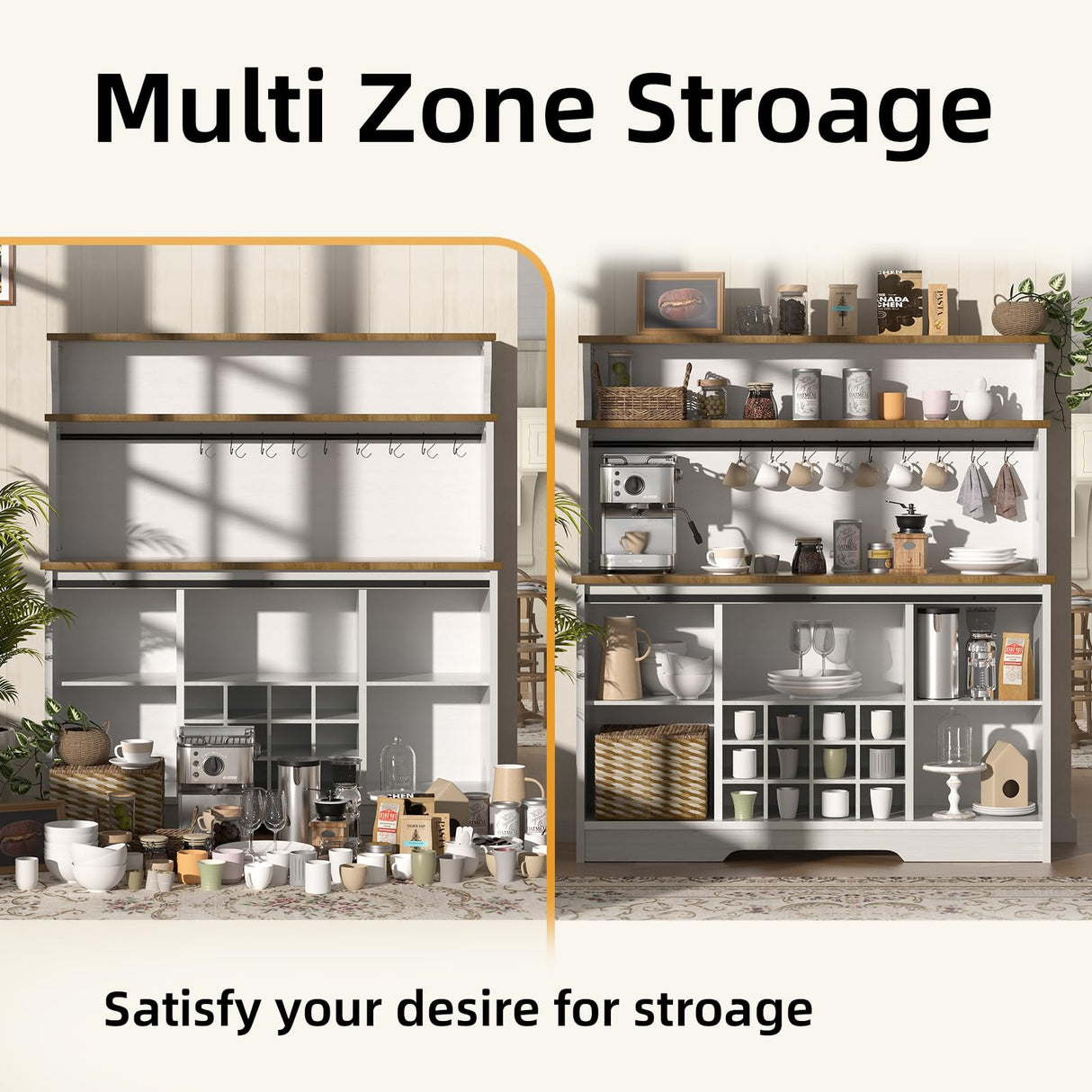 BestHaped 55'' Farmhouse Coffee Bar Cabinet with 3 Tier Storage Hutch, Coffee Bar Station with Sliding Barn Door, Hutch Storage Cabinet with 12 Wine Racks & 9 Hooks for Kitchen Dining Living Room BestHaped