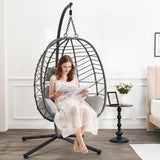 ONBRILL Hanging Egg Chair with Stand, Outdoor Indoor Egg Swing Chair with Cushion Headrest, Rattan Wicker Egg Chair with Dual Chains, 350LBS Capacity for Patio, Porch, Balcony, Bedroom (Light Gray) ONBRILL