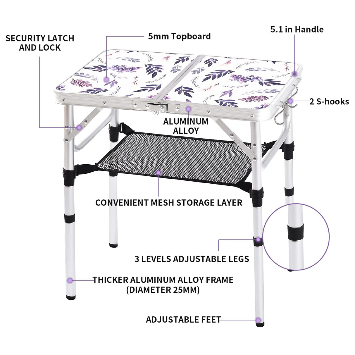 Yriuat Folding Camping Table 2ft Portable Pinic Table Adjustable Height Table Small Card Table Aluminum Foldable Lightweight with Carry Handle for Outdoor Indoor Hiking Camp BBQ Beach (Misty Lilac) Yriuat