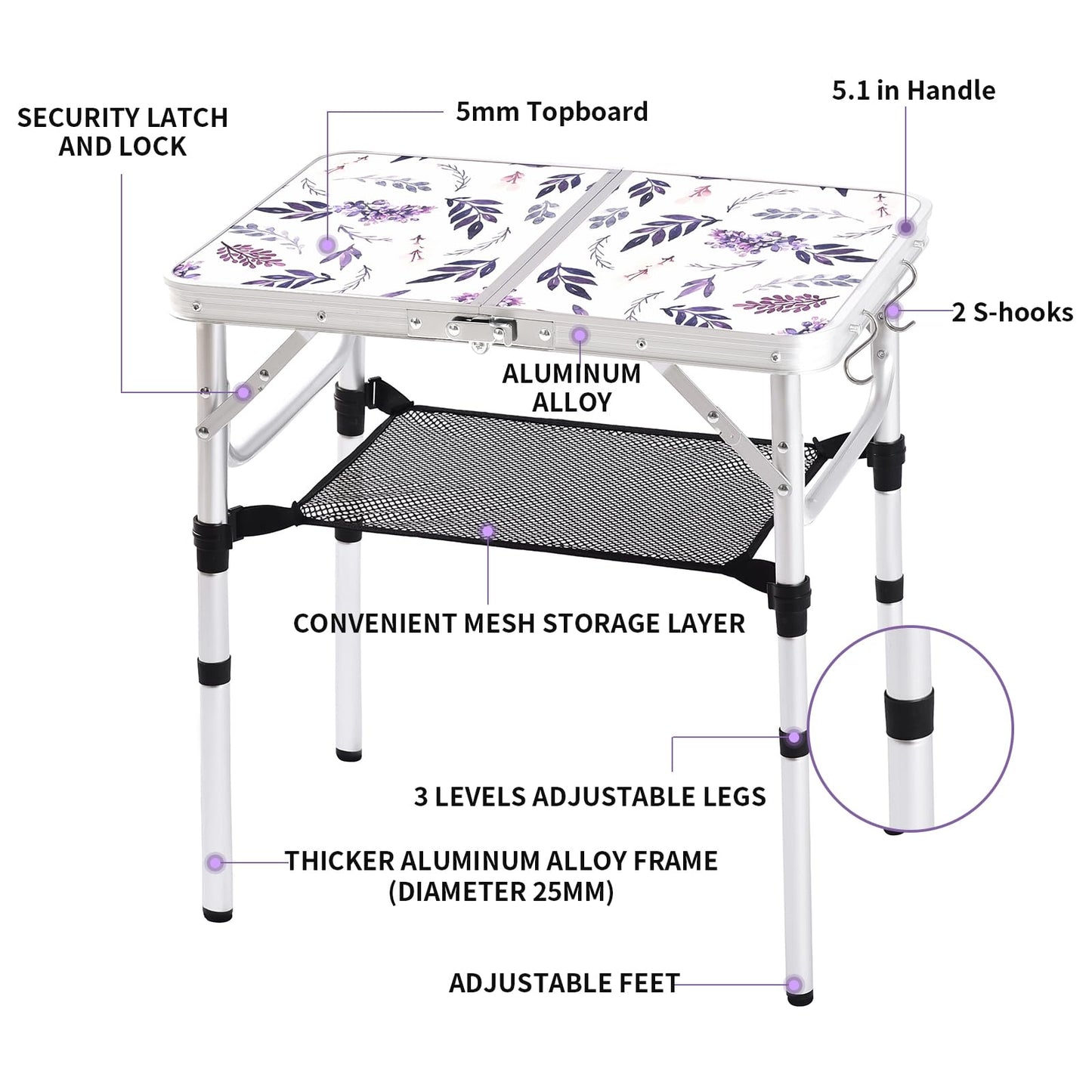 Yriuat Folding Camping Table 2ft Portable Pinic Table Adjustable Height Table Small Card Table Aluminum Foldable Lightweight with Carry Handle for Outdoor Indoor Hiking Camp BBQ Beach (Misty Lilac)