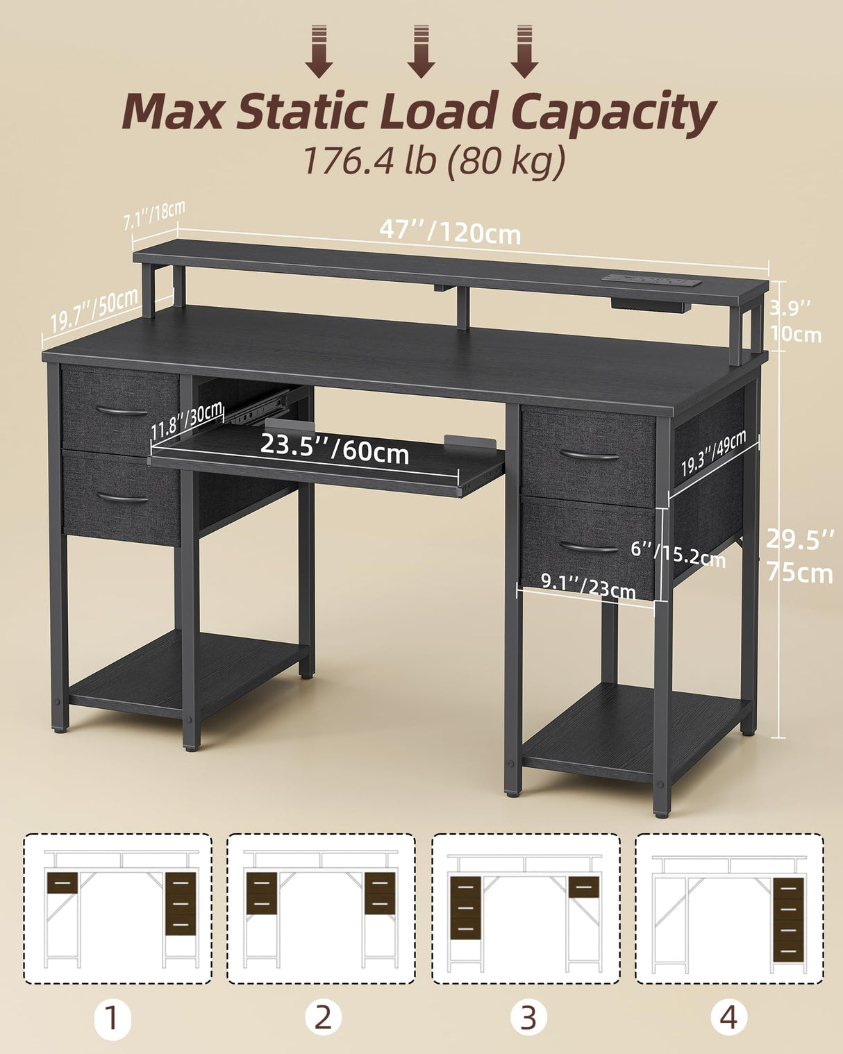 TIQLAB Computer Desk with Drawers and Power Outlets, 47 Inch Gaming Desk with LED Lights, Home Office Desk with Monitor Stand and Keyboard Tray, Study Writing Work Desk for Home Office, Black TIQLAB