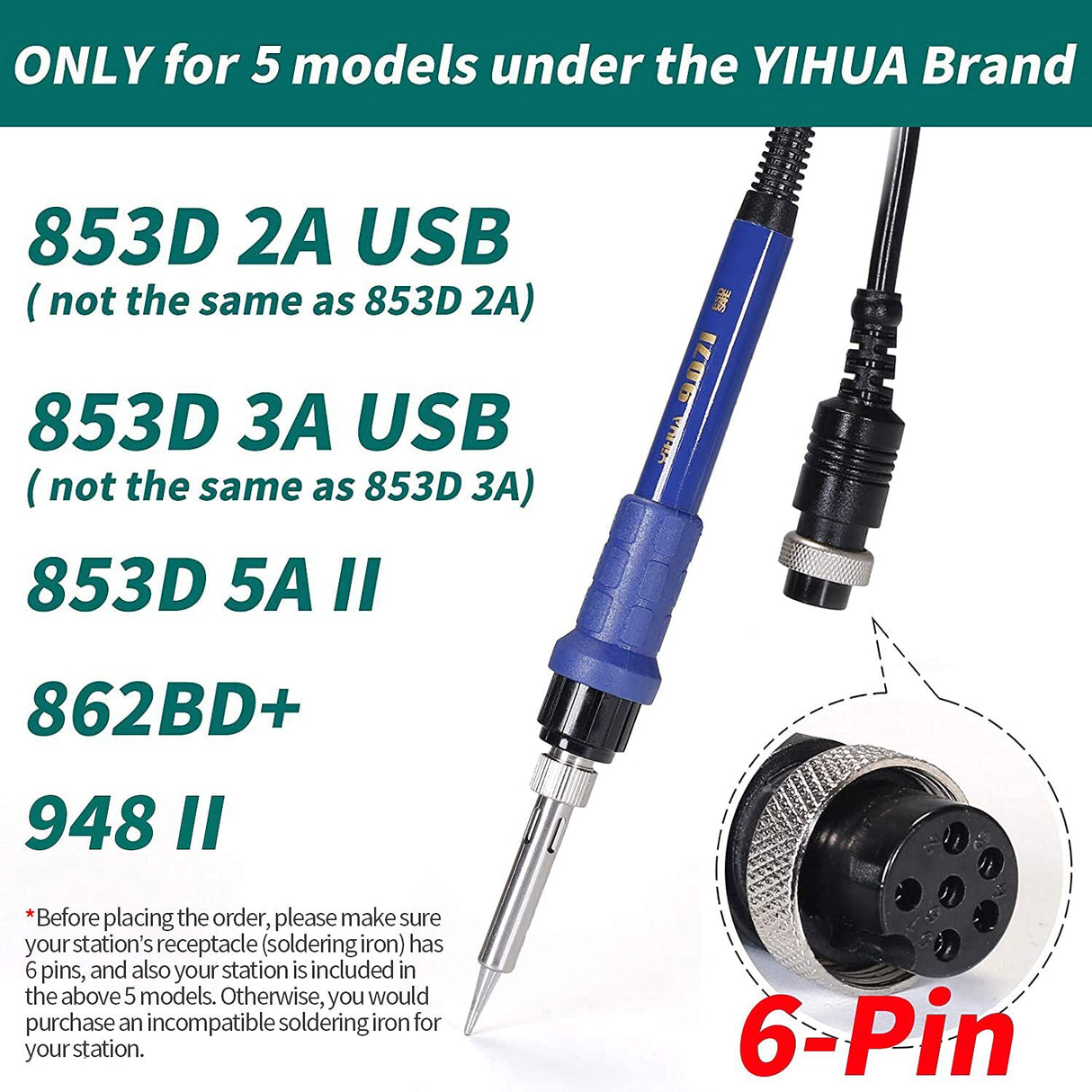 YIHUA 907I Blue Grip Replacement Soldering Iron Handpiece/Handle for YIHUA 862BD+, 853D 2A USB, 853D 3A USB, 853D 5A II and 948-II models YIHUA