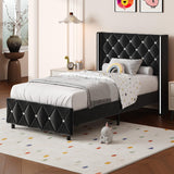 Twin Bed Frames, Upholstered Platform Bed Twin Size with Diamond Tufted Headboard, Modern Velvet Bed Frame with Wingback Design, No Box Spring Needed, Easy Assembly, Black HOMBCK