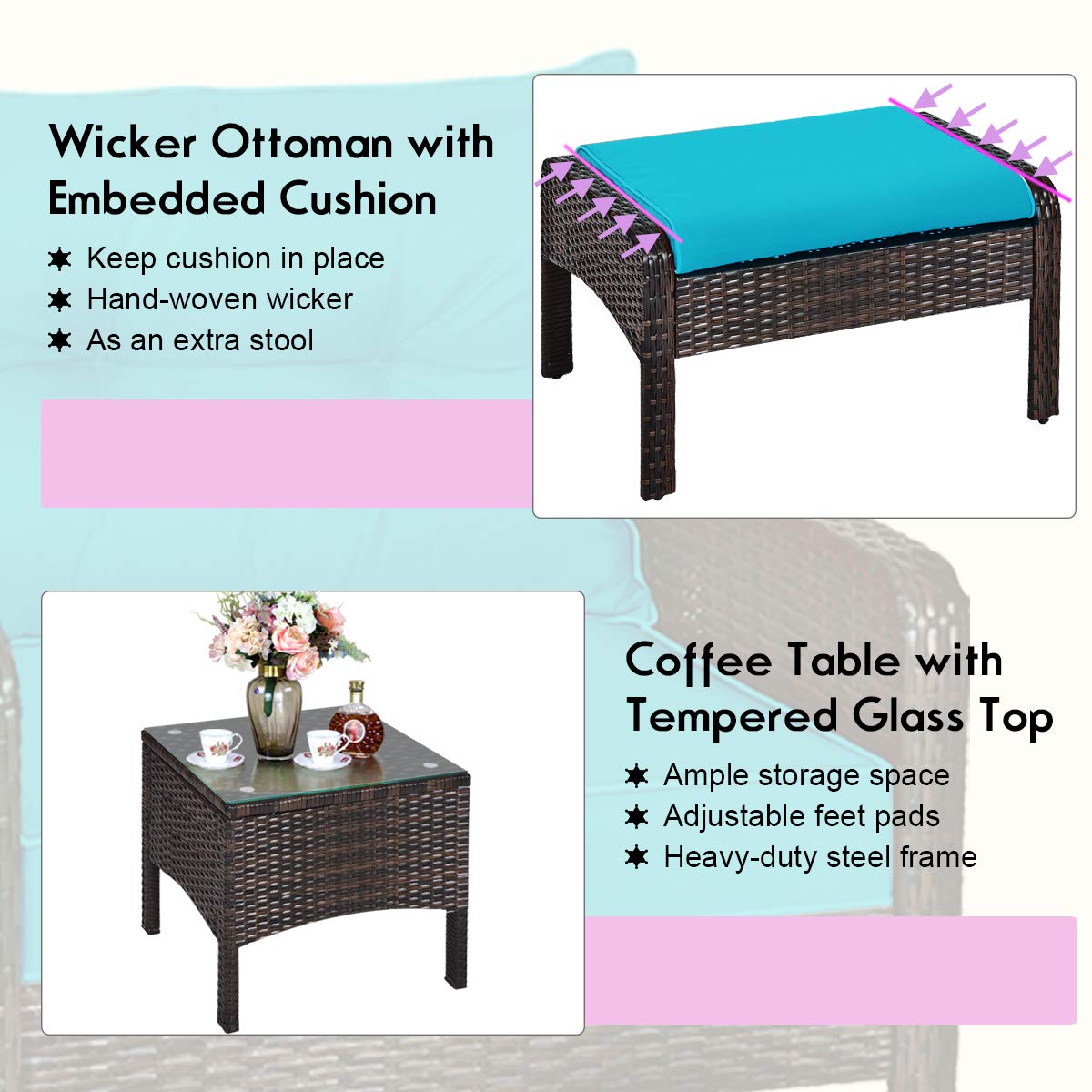 Tangkula Wicker Furniture Set 5 Pieces PE Wicker Rattan Outdoor All Weather Cushioned Sofas and Ottoman Set Lawn Pool Balcony Conversation Set Chat Set (Turquoise) Tangkula