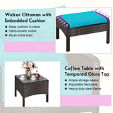 Tangkula Wicker Furniture Set 5 Pieces PE Wicker Rattan Outdoor All Weather Cushioned Sofas and Ottoman Set Lawn Pool Balcony Conversation Set Chat Set (Turquoise) Tangkula