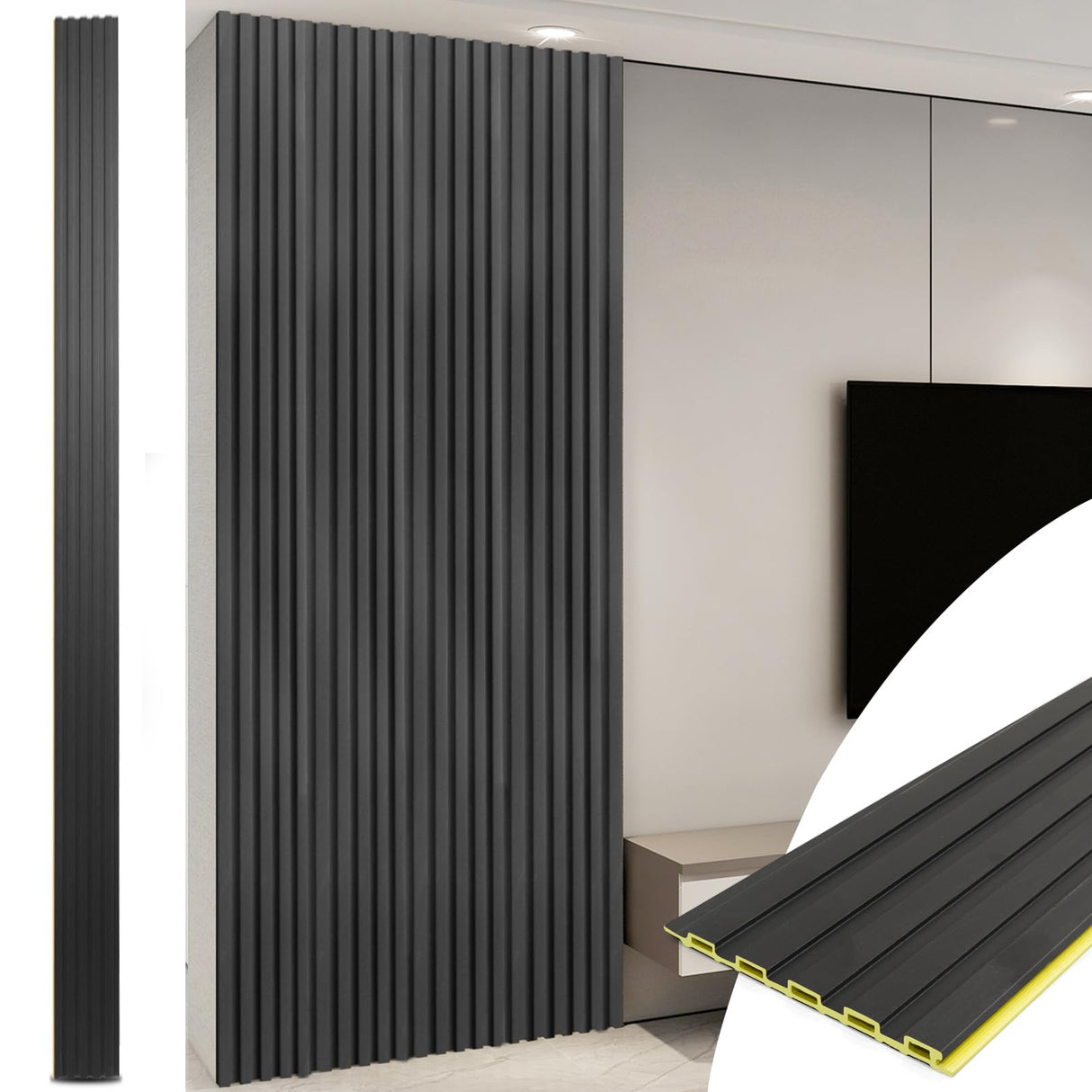 Art3d WPC Slat Wall Panels, 8-Pack 108 x 6 Inch 3D Wall Accents for Interior Wall Decor, Living Room, Bedroom, Black Art3d