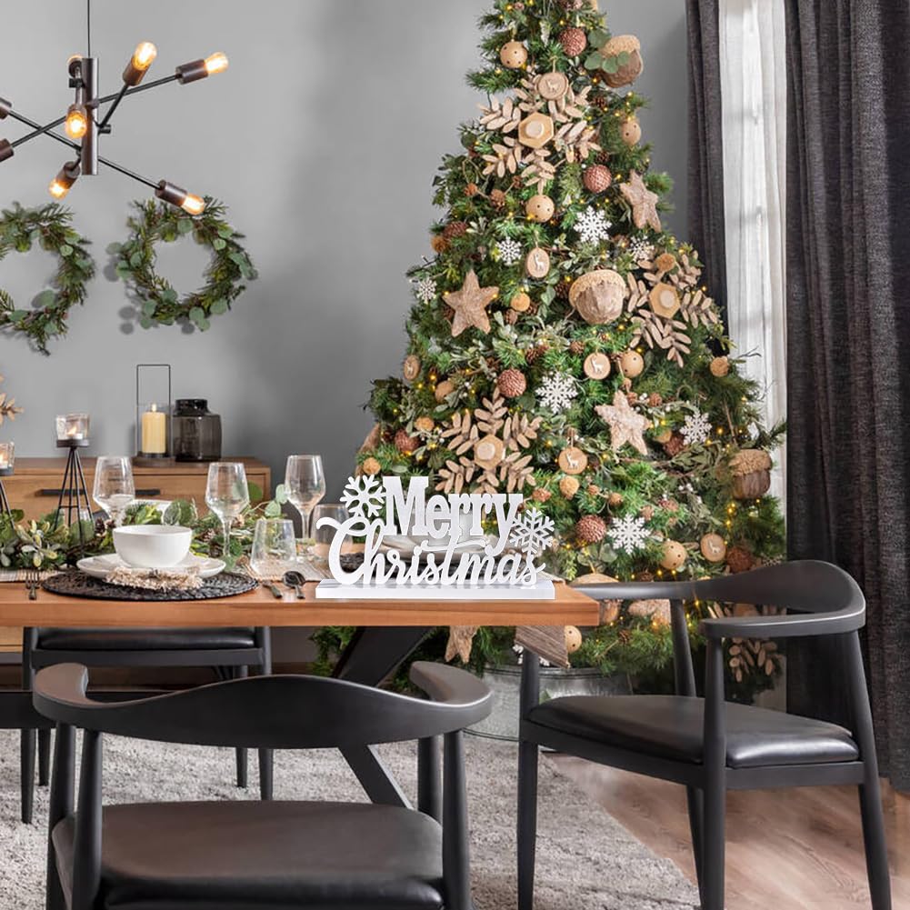 Wooden Merry Christmas Tabletop Decor, Elegant Merry Christmas Wood Cutout with Glitter, Wooden Christmas Table Sign, Christmas Centerpiece for Xmas Party Decor for Table Tiered Tray Mantel (White) IDATOO