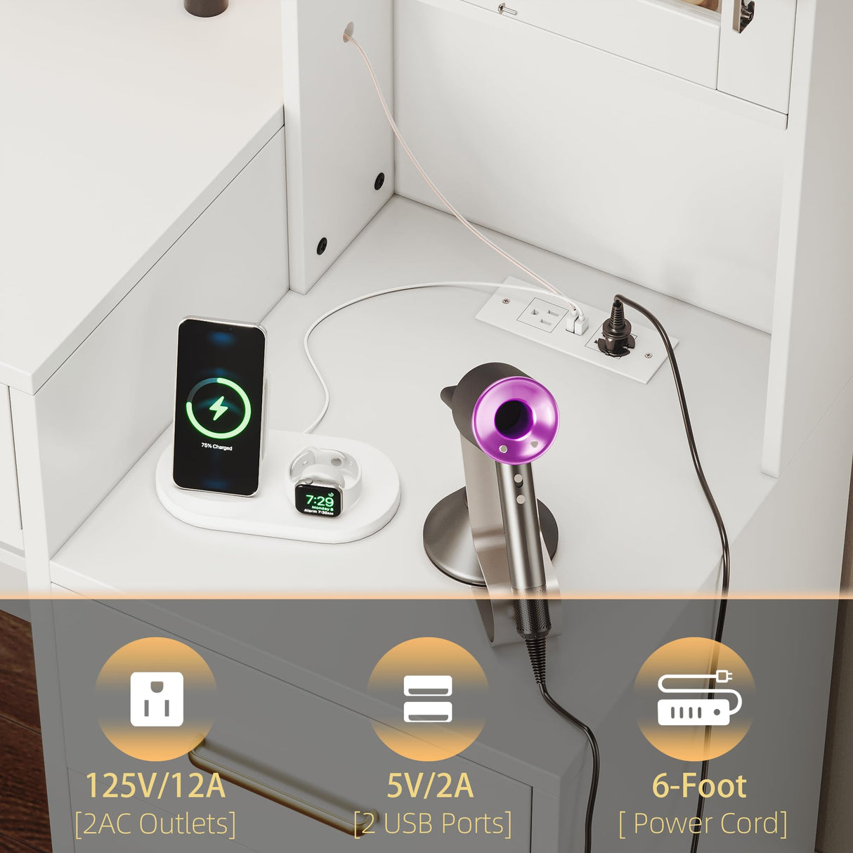 58.3”Vanity Desk with Mirror and Lights & Charging Station, Bedroom Dressing Table, Large Vanity Set, 8 Drawers and 2 Cabinets, Makeup Vanity Table with Charging Station, Without Stool TOKSOM