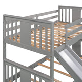 Montessori Floor Bunk Bed Twin Over Twin, Twin Bunk Bed with Slide and Ladder, Kids Bunk Beds with Guardrail Headboard and Footboard, Low Bunk Beds for Kids, Boys, Girls, Twin Bunk Bed Gray Bellemave