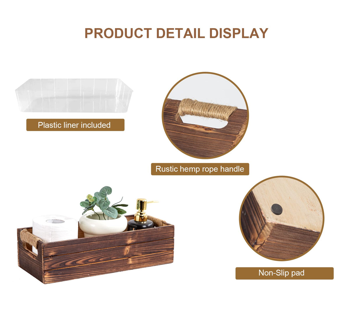 TIMRIS Rustic Wooden Box, Farmhouse Bathroom Decor Box, Wooden Toilet Paper Holder, Toilet Tank Basket, Decorative Storage Container Box (Rustic Brown) TIMRIS