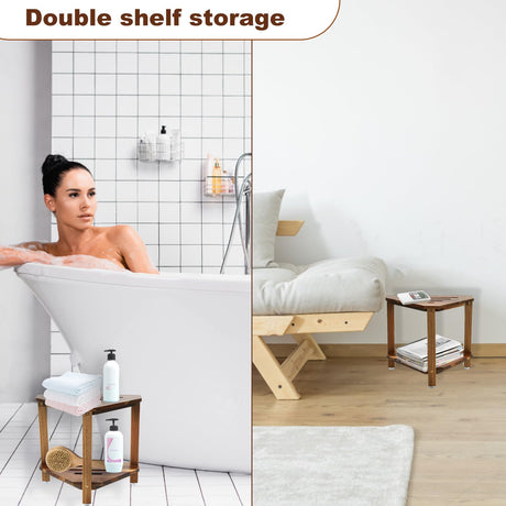 IBosins Corner Shower Stool Shower Foot Rest for Shaving Legs Small Shower Bench for Inside Shower to Sit on Bath Stool with Storage Shelf Shower Accesories (Acacia Wood) IBosins