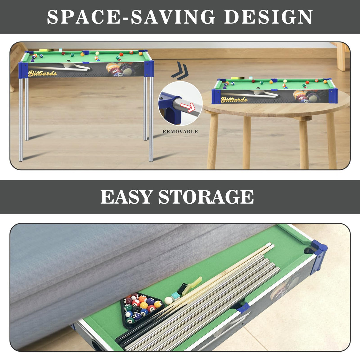 RAYKEEP 32” Mini Pool table, Removable Portable Billiards Table for Kids Adults, Compact and Space Saving Pool Table with 2 Cues, 16 Balls, Triangle, Chalk, Brush for Family Indoor Game(Green RAYKEEP