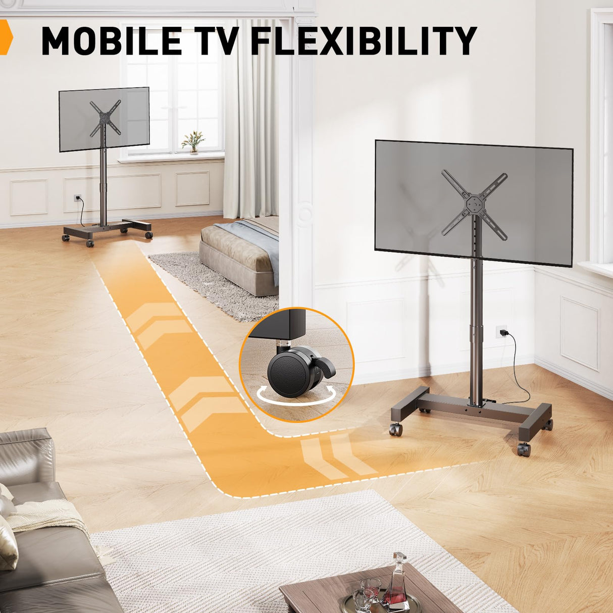 Perlegear Rolling TV Stand with Power Outlet for 26-50 inch TVs up to 55 lbs, Tilting Mobile TV Cart Portrait to Landscape, 8 Height Settings, Mobile TV Stand with Wheels, Max VESA 300x300mm, PGTVMC19 Perlegear