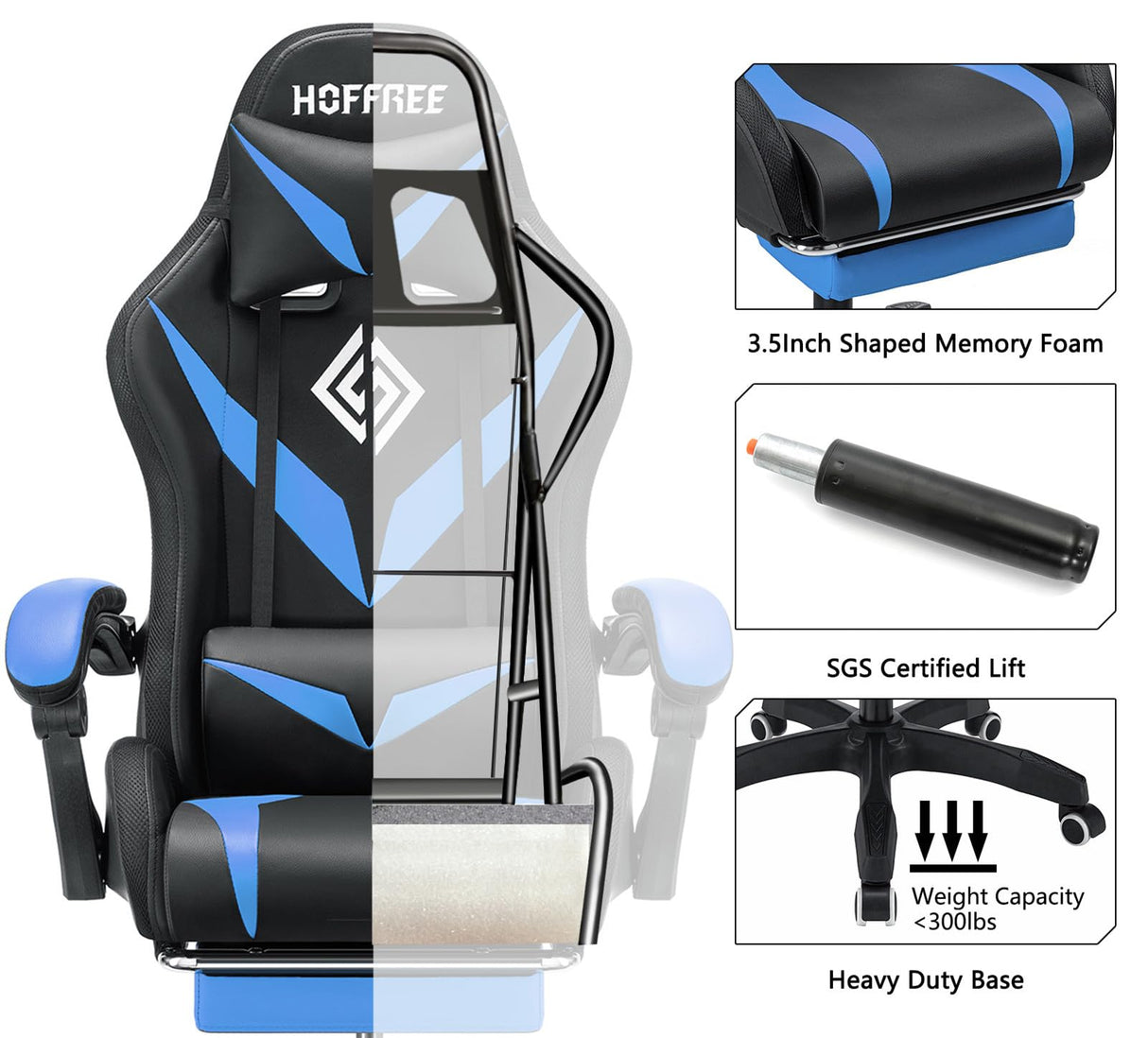HOFFREE Gaming Chair Massage with Bluetooth Speakers and Led Lights Ergonomic Computer Gaming Chair with Footrest RGB Video Game Chair with High Back Lumbar Support Blue and Black HOFFREE