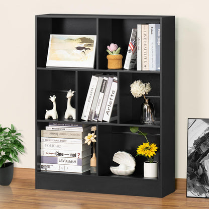 YAHARBO 7 Cube Black Wooden Bookshelf - 3 Tier Modern Organiser for Home and Office - WoodArtSupply