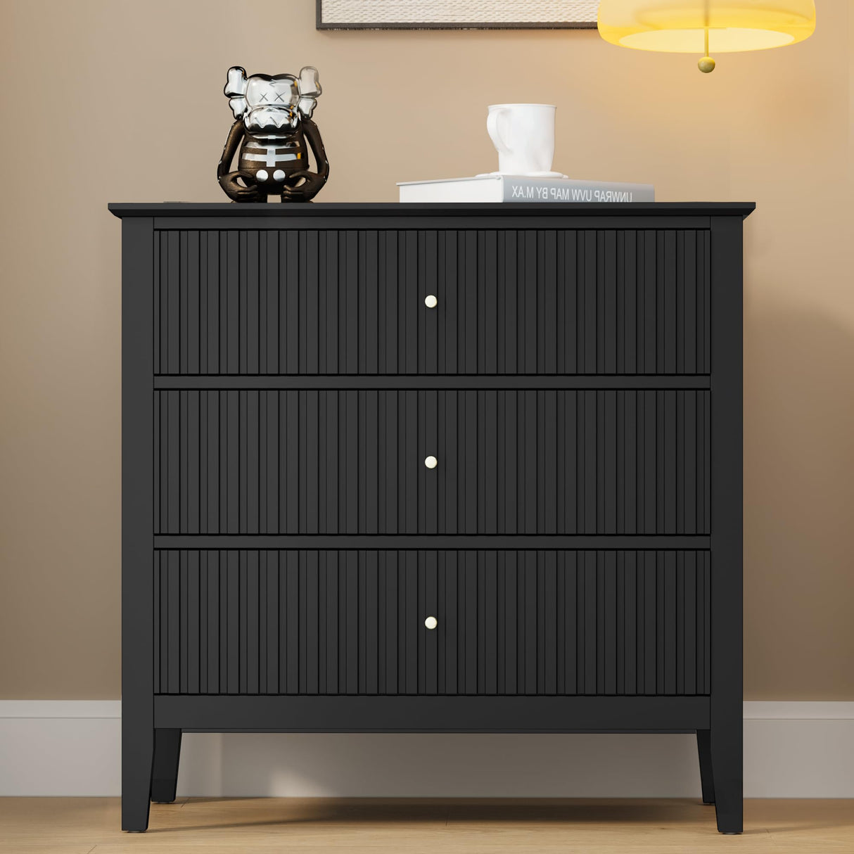 RoyalCraft 3 Drawer Dresser Set of 2, Fluted Chest of Drawers with Storage, Modern Painted 30 inch Tall Nightstand for Bedroom Living Room Entryway, Black RoyalCraft