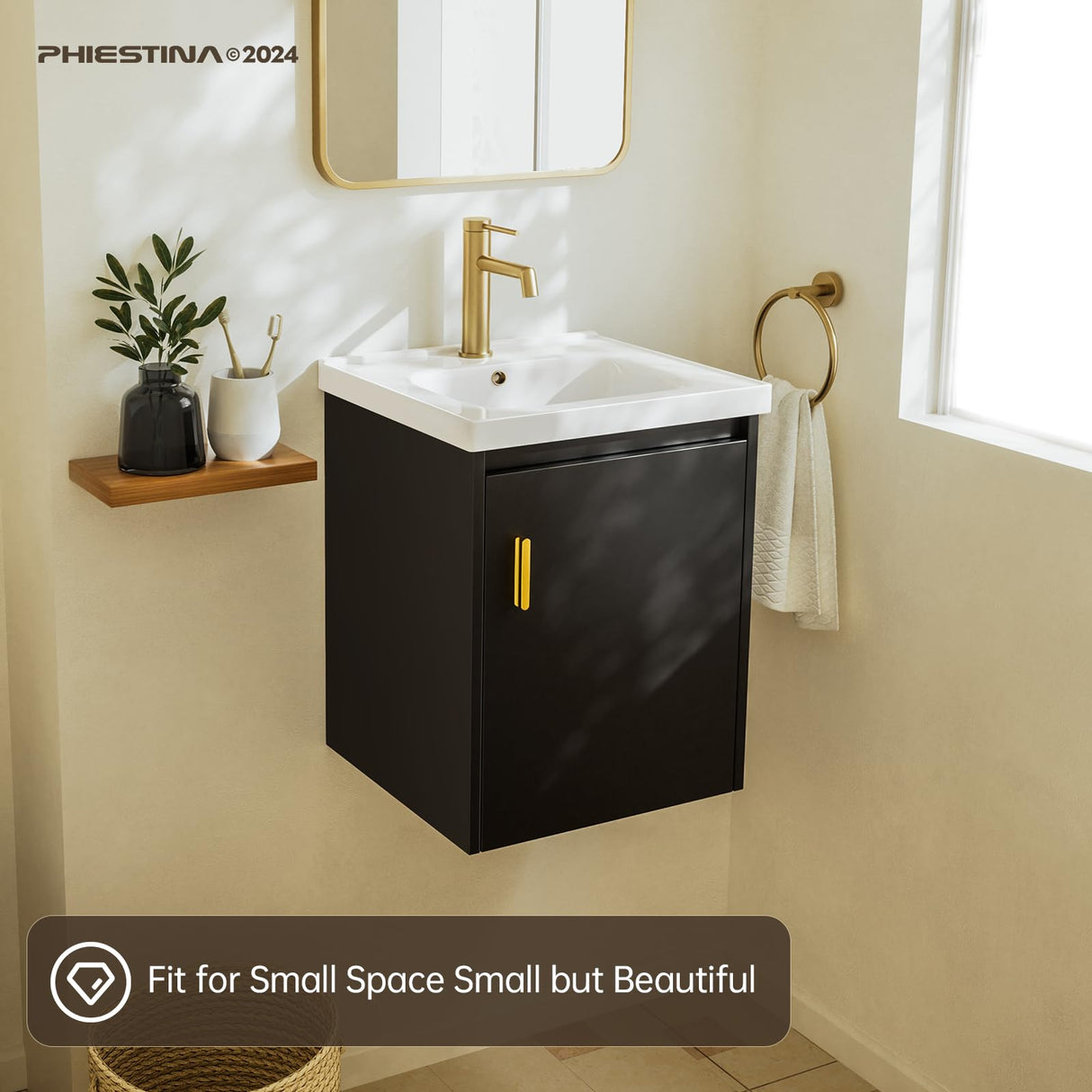 phiestina Pre-Assembled 16 Inch Black Floating Bathroom Vanity for Small Space, Wall-Mounted Small Cabinet with Single Hole Ceramic Sink,Soft-Close Door, No Faucet,BV04-16-PUREBLACK phiestina