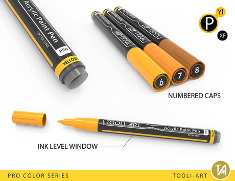 Acrylic Paint Pens 22 Yellow & Brown Tones Assorted Pro Color Series Markers Set 0.7mm Extra Fine Tip for Rock Painting, Glass, Mugs, Wood, Metal, Canvas, Projects, Non Toxic, Waterbased, Quick Drying TOOLI-ART