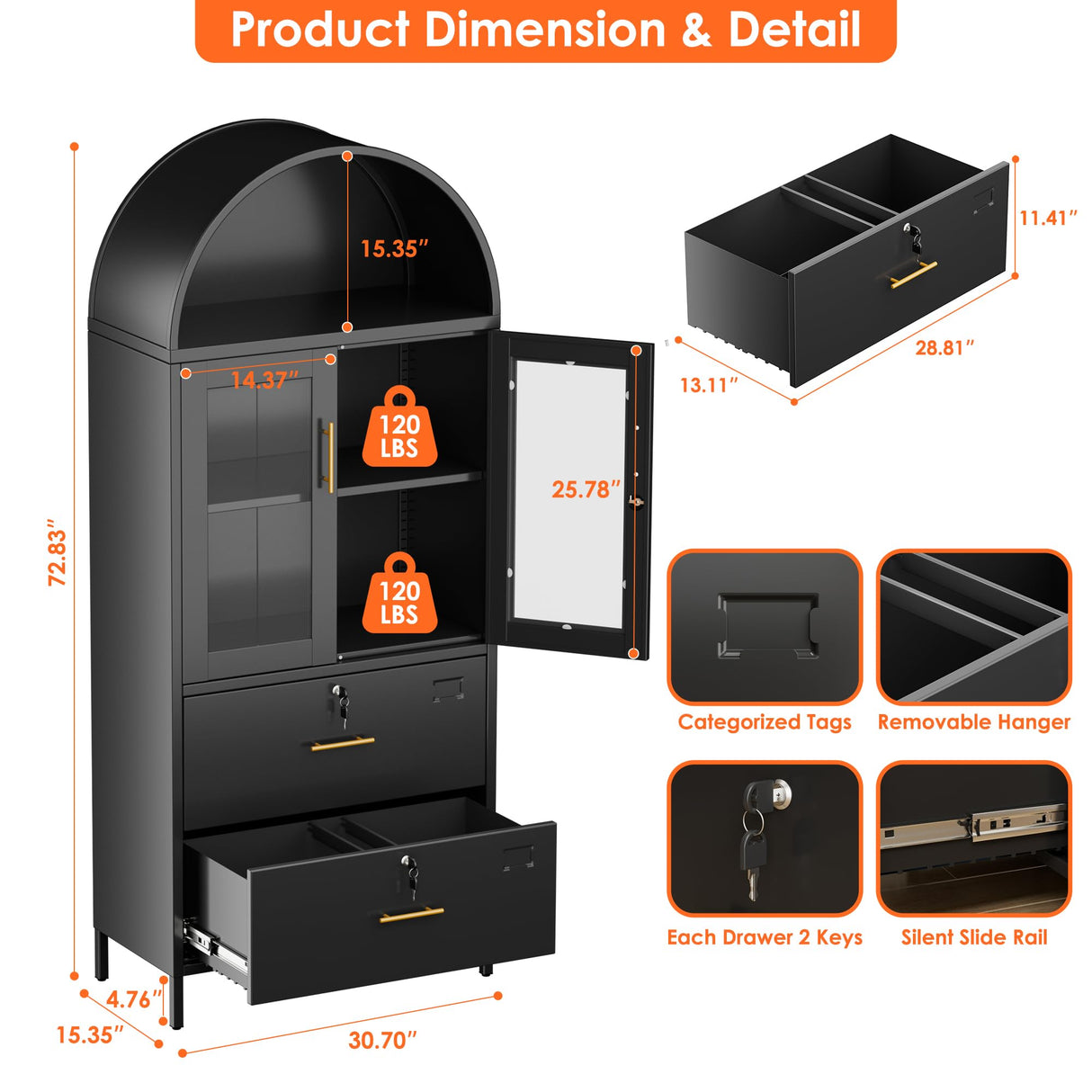 GangMei 2 Drawer Lateral File Cabinets for Home Office, 73 inch Tall Metal Arch Cabinet with Locking Glass Doors, Black Arched Bookcase with Drawers for A4/Letter/Legal File(Assemble Required) GangMei