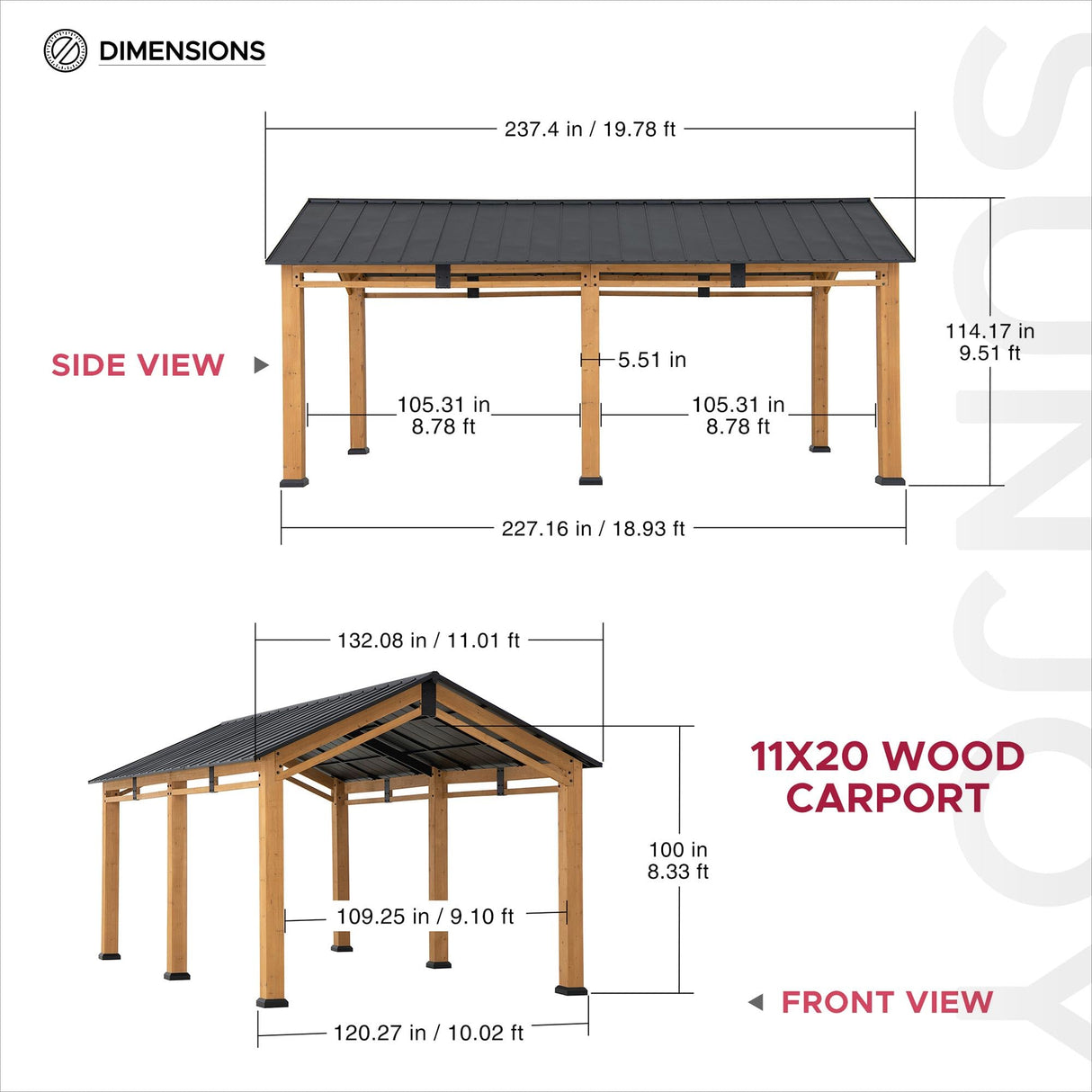 Sunjoy Carport 11 ft. x 20 ft. Standard Wood Gazebo Heavy Duty Garage, Cedar Framed Gazebo Car Shelter with Metal Roof and Movable Ceiling Hook Sunjoy