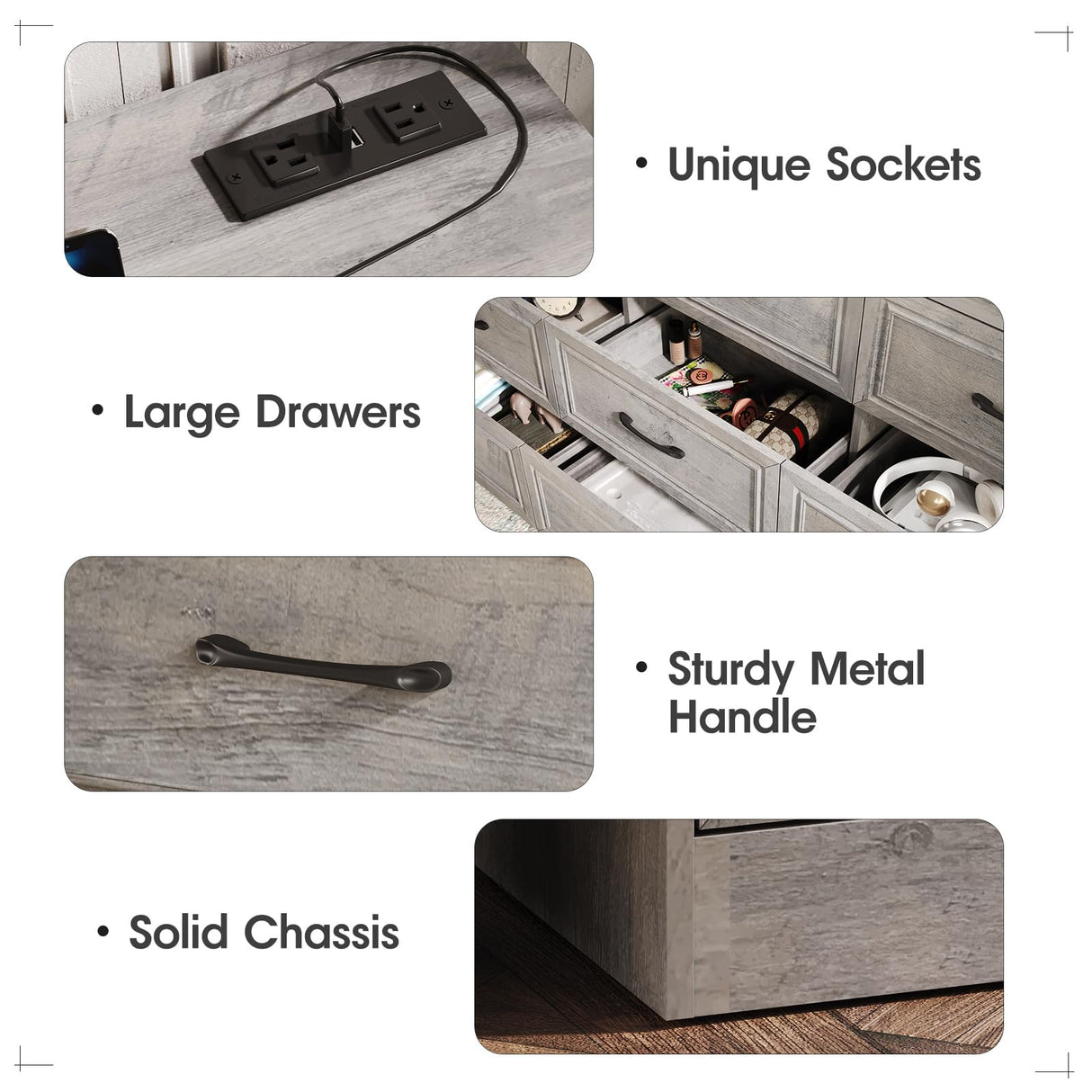 Fameill Dresser for Bedroom, 9 Drawer Wide Dresser Organizer with Charging Station, Tall Dresser for Hallway, Wood Dresser with Metal Handles, Ash Grey Fameill