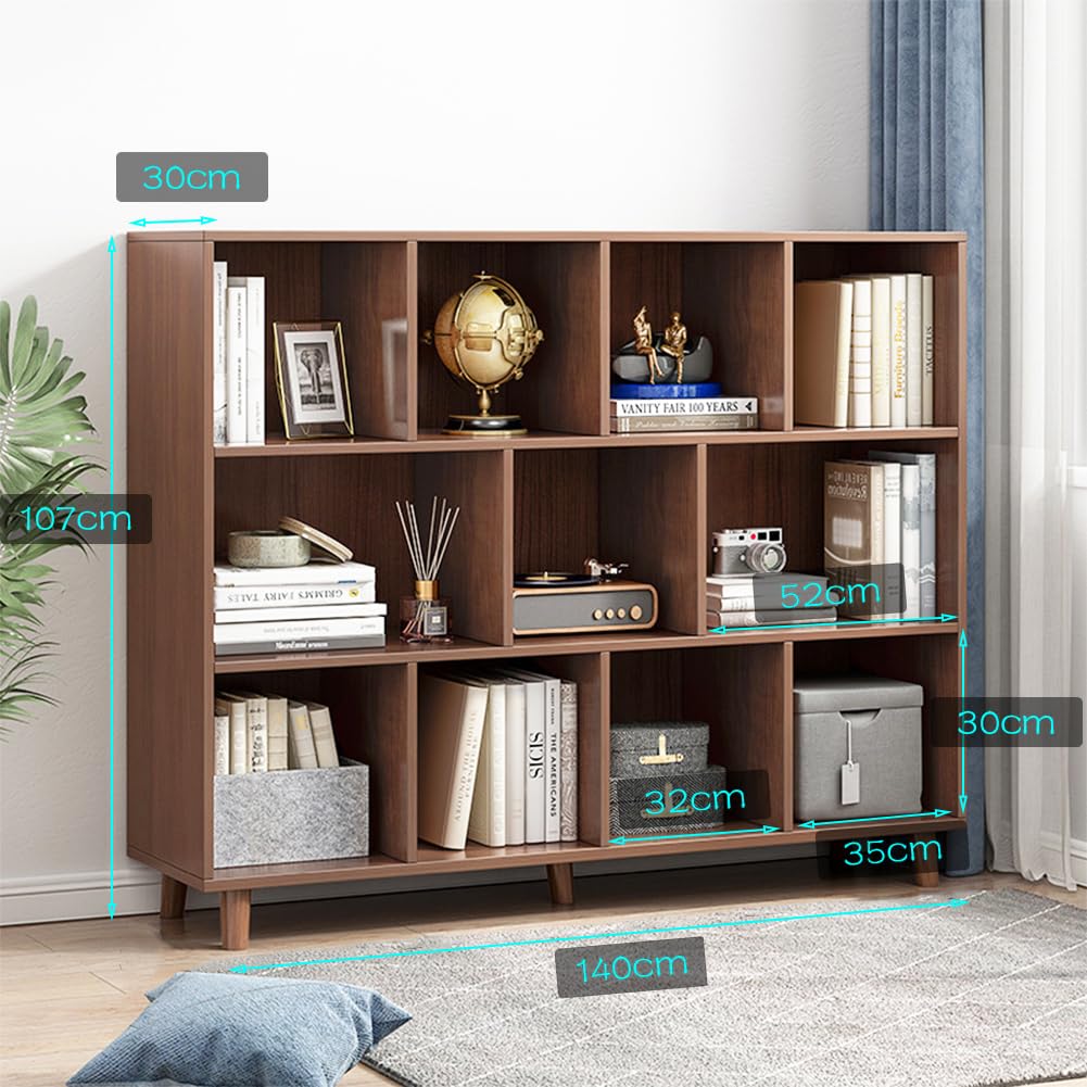 IOTXY Open Cube Low Bookcase - 3-Tier Freestanding Storage Display Cabinet Organizer with Legs for Home Office, 11-Cubes Open Shelf Short Bookshelf, Walnut IOTXY