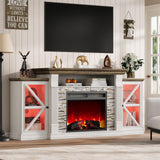 QUW Electric Fireplace TV Stand, 70" Farmhouse Entertainment Center with Open Shelf and Glass Barn Door Cabniet, Modern TV Console Table with 7 Flame Colors for Living Room, Antique White QUW