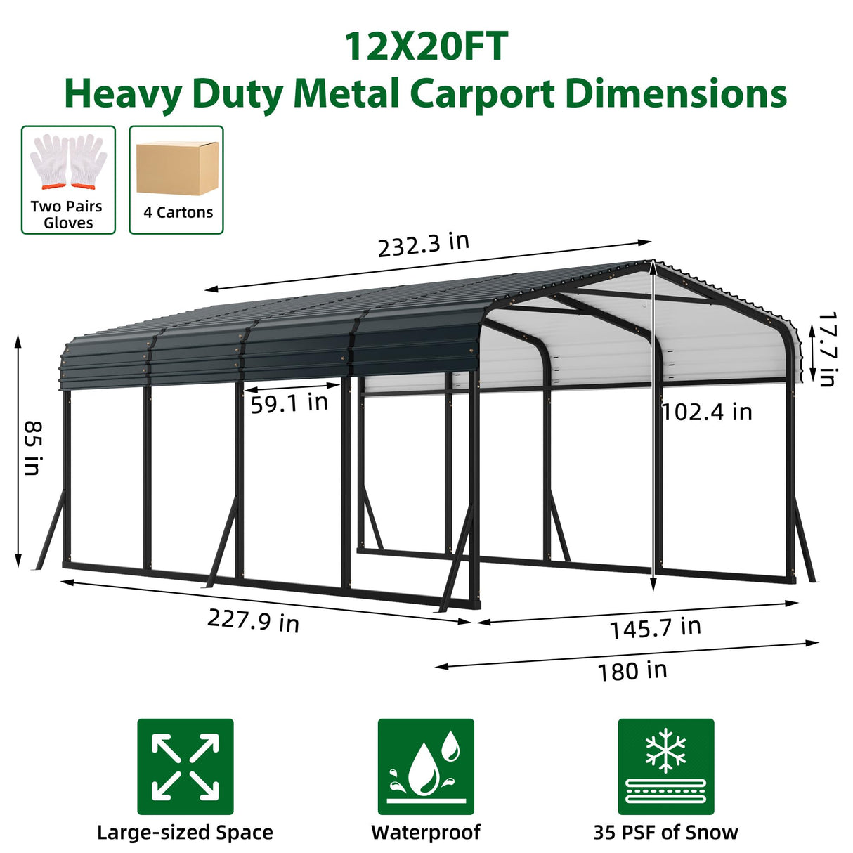Hipicute 12' x 20' x 8.5' Heavy Duty Metal Carport with Galvanized Steel Roof, Steel Carport Kits Outdoor with Metal Roof, Galvanized Car Shelter for Tractors, Pickup, Boat, Car Hipicute