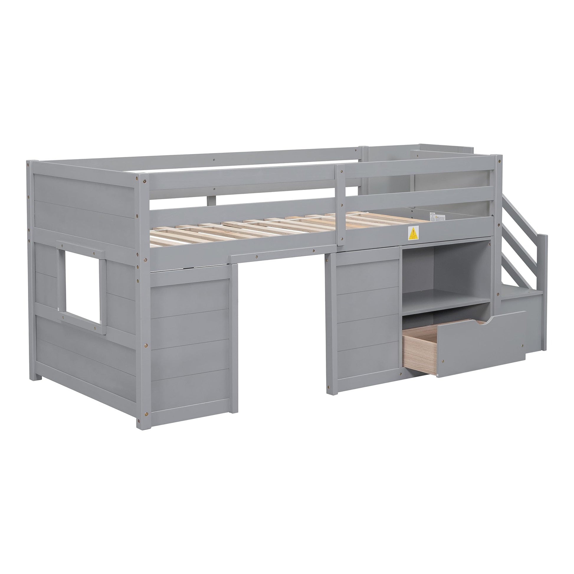 Okak Grey Twin Size Low Loft Bed with Playhouse, Storage Drawer, and Stairs for Kids - WoodArtSupply