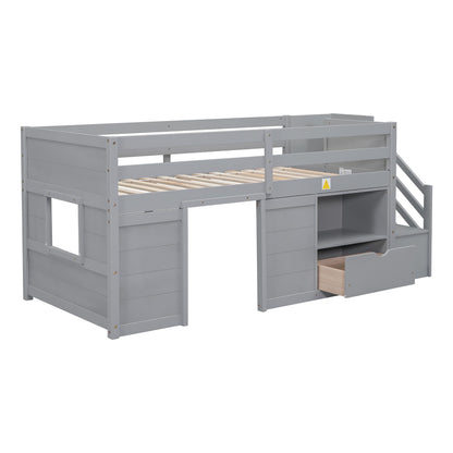 Bellemave Twin Size Low Loft Bed with Stairs, Storage Drawers, and Shelves in Gray for Kids - WoodArtSupply