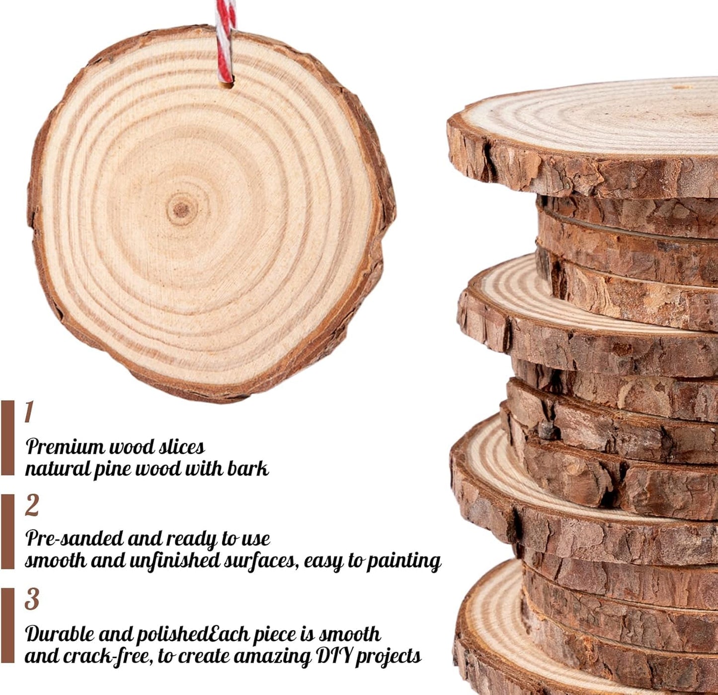 ilauke Wood Slices, 50PCS 2.4"-2.8" Unfinished Natural Wooden Christmas Ornaments Kit with Pre-drilled Hole, Acrylic Paint Pattern Stencils, DIY Crafts for Xmas Ornaments Party Holiday Decor