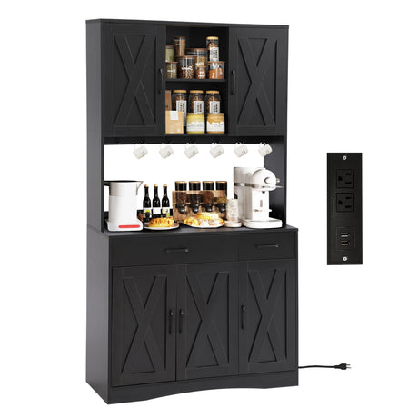 Grepatio 71" Kitchen Pantry Cabinet, Pantry Cabinet with Charging Station, Storage Cabinets with Door, Adjustable Shelves and Hooks, Farmhouse Kitchen Hutch for Dining Room, Living Room (Black) Grepatio