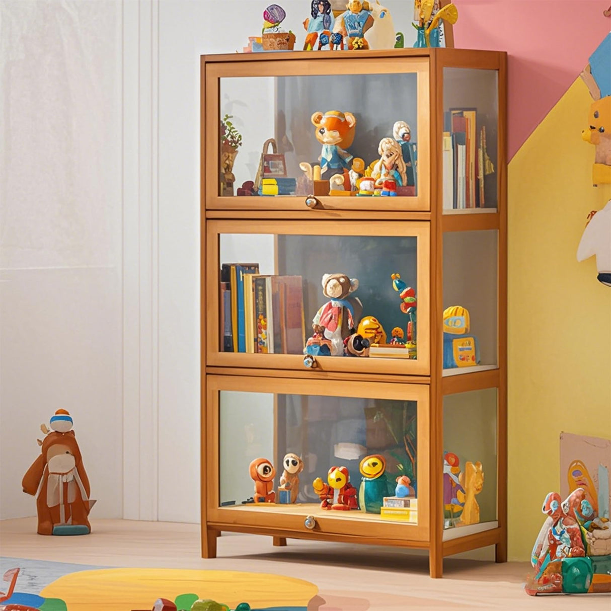 Curio Display Cabinet with Acrylic Doors,3/4Tier Display Case Bookshelf,Large Capacity Floor Bamboo Storage Cabinet,Flip Doors Convenient Storage,Easy to Clean,for Living Room,Study,Brown,106cm/41.7in WROASLTOUX