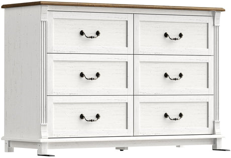 Amada Farmhouse 6 Drawers Dresser for Bedroom, 47" Wide Wood Rustic Chest of Drawers with Roman Column Design, Vintage Design, Large Storage Organizer for Bedroom, Living Room, Antique White and Brown AMADA HOMEFURNISHING